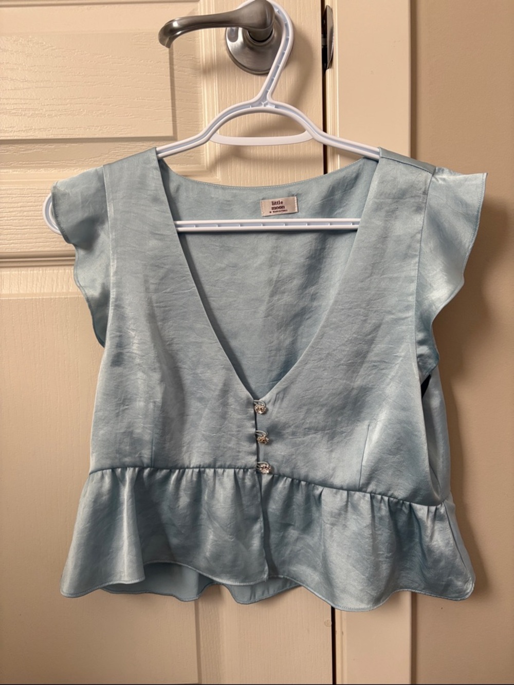Aritzia little moon Light Blue V-Neck Ruffle Hem Blouse